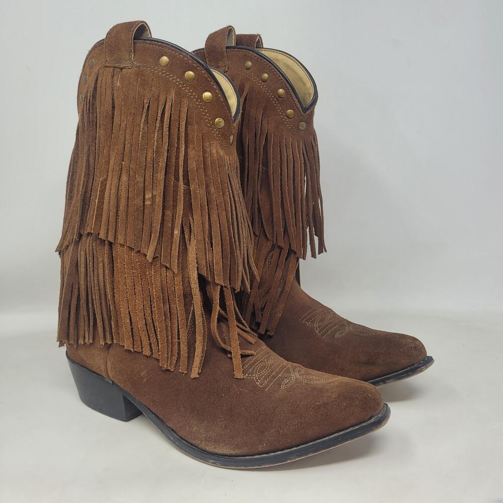 Shyanne Boots 6D Brown Suede Western Fringe Cowgirl Rodeo Snip Toe 43514Y